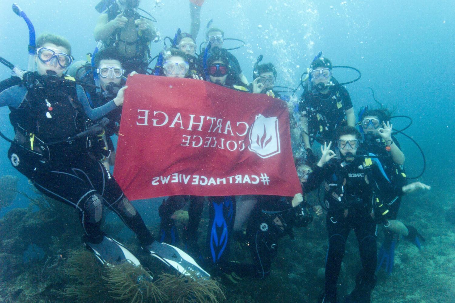 学生们手持<a href='http://qnca.ngskmc-eis.net'>bv伟德ios下载</a>旗帜，在j学期洪都拉斯游学之旅中潜水.